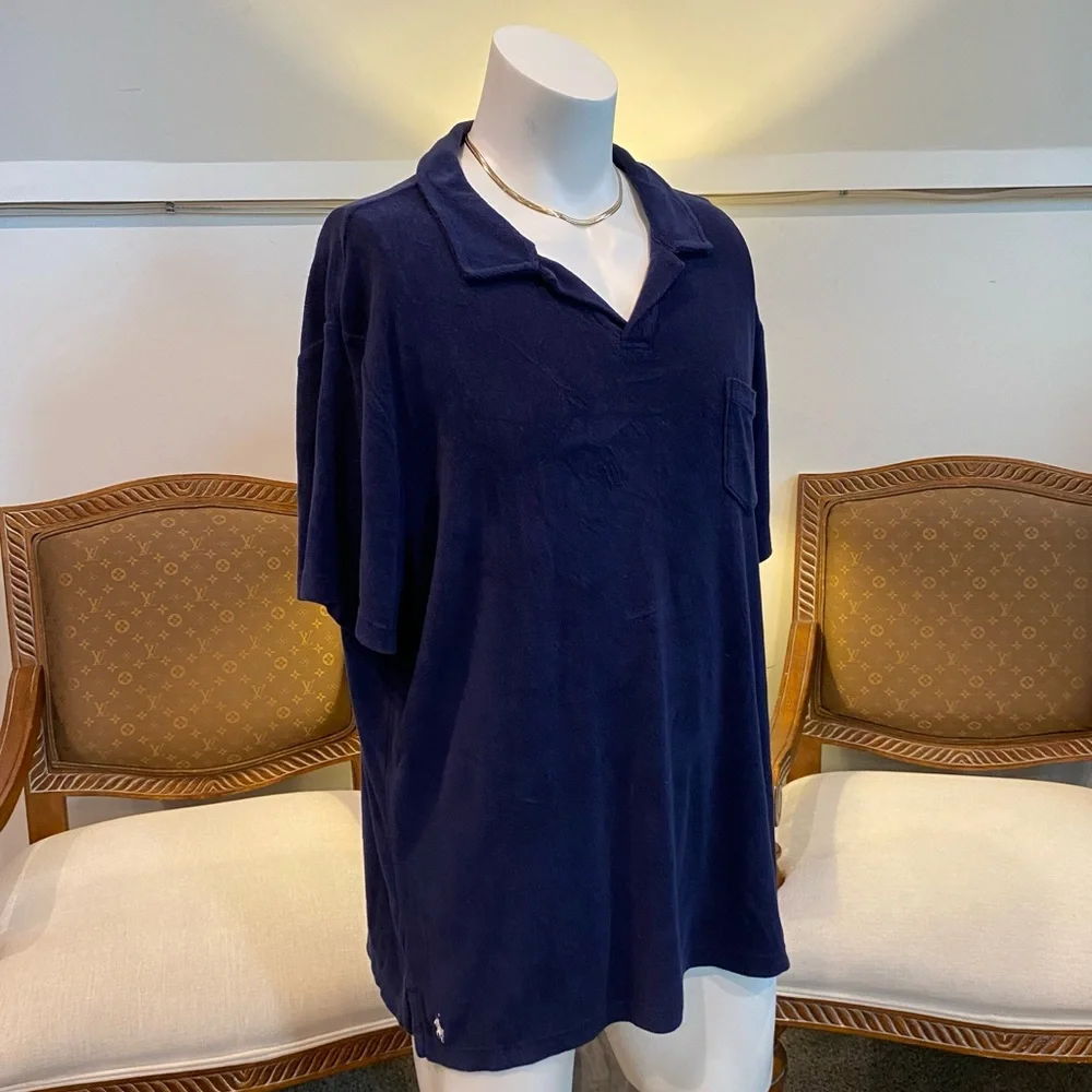 Ralph Lauren Navy Blue Terry Polo Shirt, Men's Size 2XL, Cotton-Blend